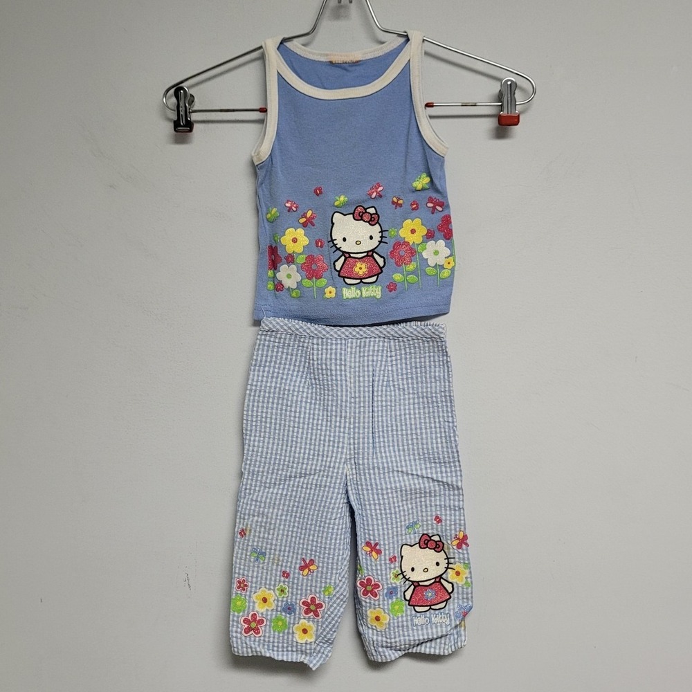 Hello Kitty 2 Piece Set Girls Small Made in USA Cotton Floral Blue Vintage